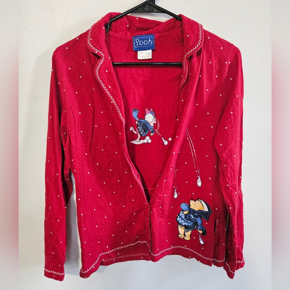 Winnie the Pooh Women's Pajama PJ Set Top & Pant RARE Medium red snow ball fight